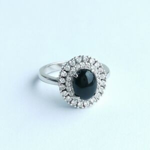 Black onyx CZ Halo ring sterling silver size 6